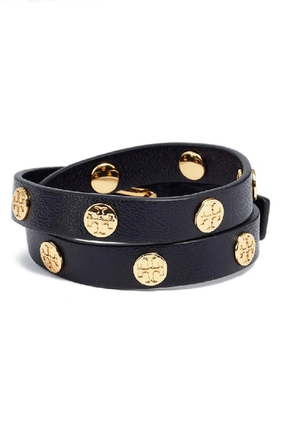 Shop Tory Burch Double Wrap Logo Bracelet In Black/ Gold