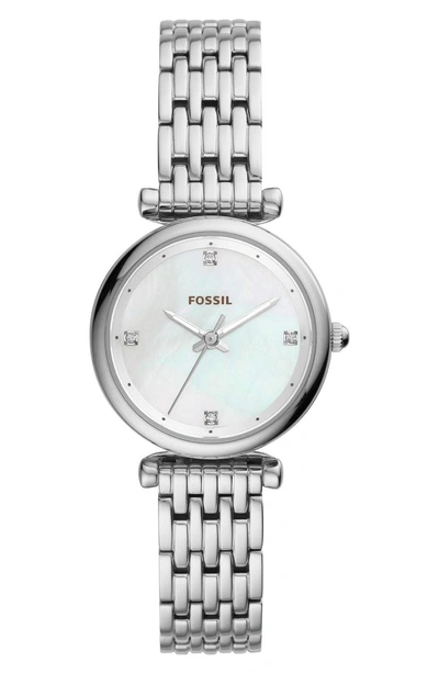 Shop Fossil Mini Carlie Bracelet Watch, 29mm In Silver/mother Pearl/silver