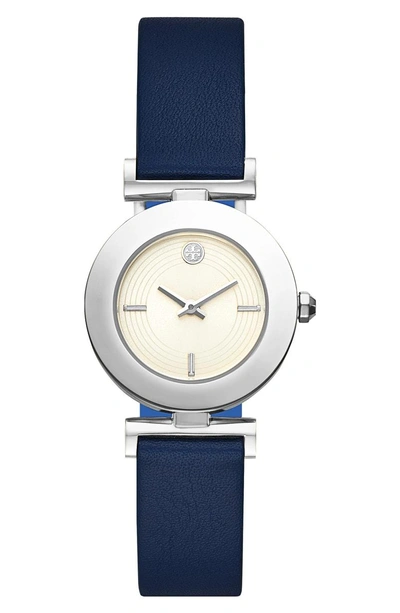 Shop Tory Burch Sawyer Reversible Leather Strap Watch, 29mm In Blue/ Black/ Silver