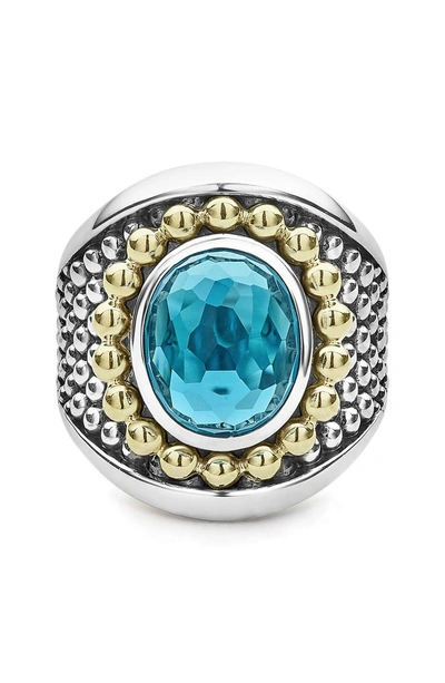 Shop Lagos Signature Caviar & Blue Topaz Oval Ring In Silver/ Blue Topaz