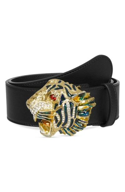 Shop Gucci Crystal Tiger Head Leather Belt In Nero/ Multi