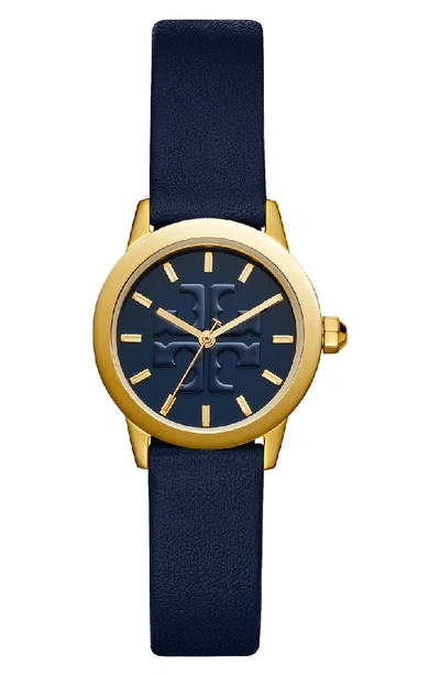 Shop Tory Burch Gigi Leather Strap Watch, 28mm In Navy/ Gold