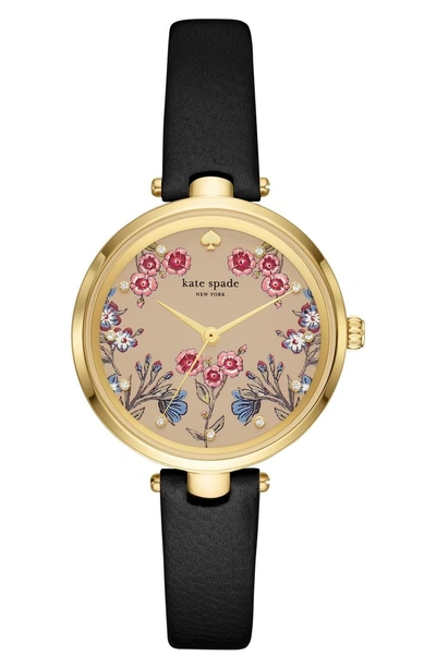 Shop Kate Spade Holland Floral Leather Strap Watch, 34mm In Black/ Gold