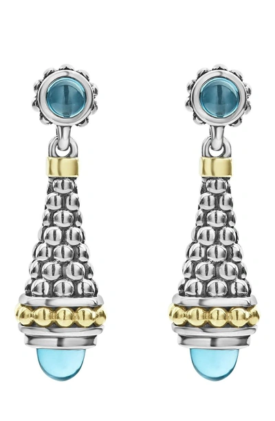 Shop Lagos Signature Caviar Stone Cap Drop Earrings In Silver/ Blue Topaz