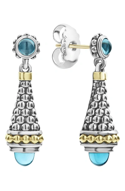 Shop Lagos Signature Caviar Stone Cap Drop Earrings In Silver/ Blue Topaz