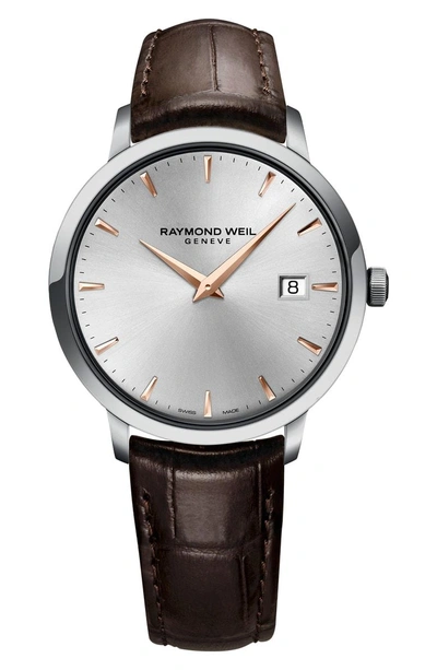 Shop Raymond Weil Toccata Leather Strap Watch, 39mm In Brown/ Silver