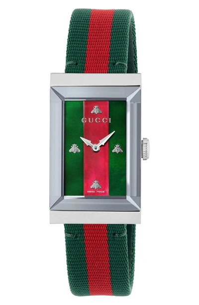 Shop Gucci G-frame Nylon Strap Watch, 21mm X 34mm In Green/ Red/ Silver