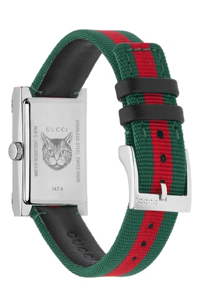 Shop Gucci G-frame Nylon Strap Watch, 21mm X 34mm In Green/ Red/ Silver