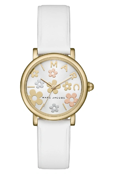 Shop Marc Jacobs Classic Round Leather Strap Watch, 28mm In White/ Gold