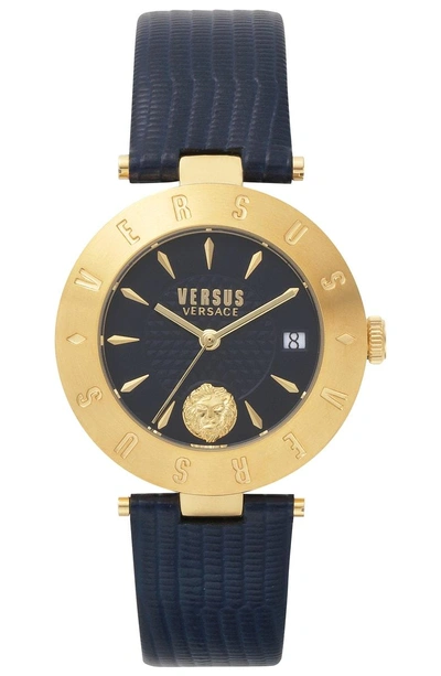 Shop Versace Logo Leather Strap Watch, 34mm In Blue/ Gold