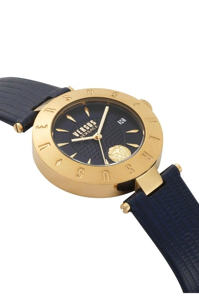Shop Versace Logo Leather Strap Watch, 34mm In Blue/ Gold