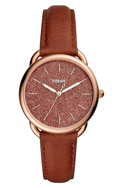 Shop Fossil Tailor Glitter Dial Leather Strap Watch, 35mm In Brown/ Rose Gold