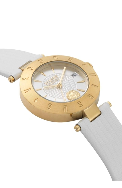 Shop Versace Logo Leather Strap Watch, 34mm In White/ Gold