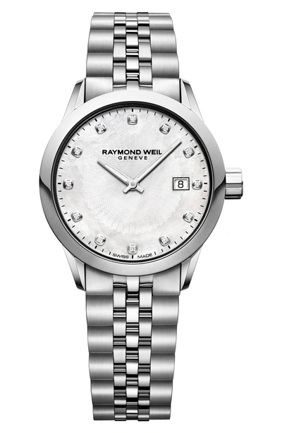 Shop Raymond Weil Freelancer Diamond Bracelet Watch, 29mm In Silver/ Mop/ Silver