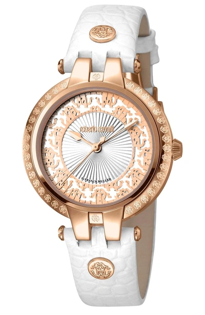 Shop Roberto Cavalli By Franck Muller Pizzo Leather Strap Watch In White/ Rose Gold/ Silver