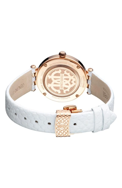 Shop Roberto Cavalli By Franck Muller Pizzo Leather Strap Watch In White/ Rose Gold/ Silver