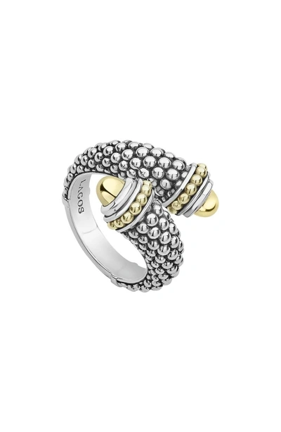 Shop Lagos Signature Caviar Gold Cap Crossover Ring In Silver/ Gold