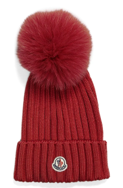 Shop Moncler Genuine Fox Fur Pom Wool Beanie - Red