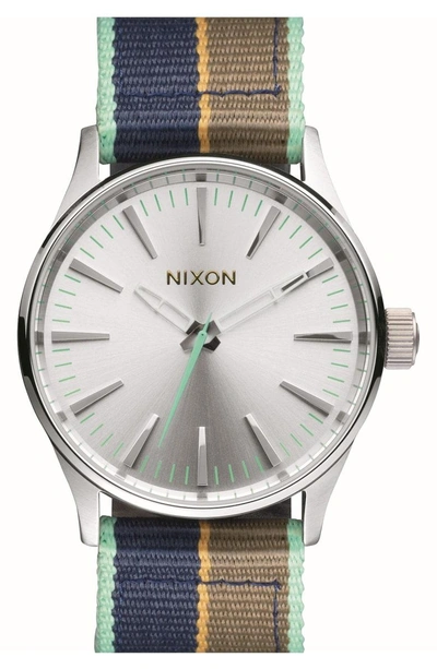 Shop Nixon 'sentry' Stripe Canvas Strap Watch, 38mm In Navy/ Brown/ Silver