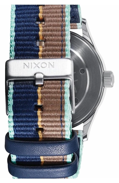 Shop Nixon 'sentry' Stripe Canvas Strap Watch, 38mm In Navy/ Brown/ Silver