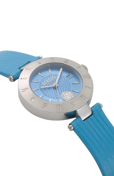 Shop Versace Logo Leather Strap Watch, 34mm In Blue/ Silver