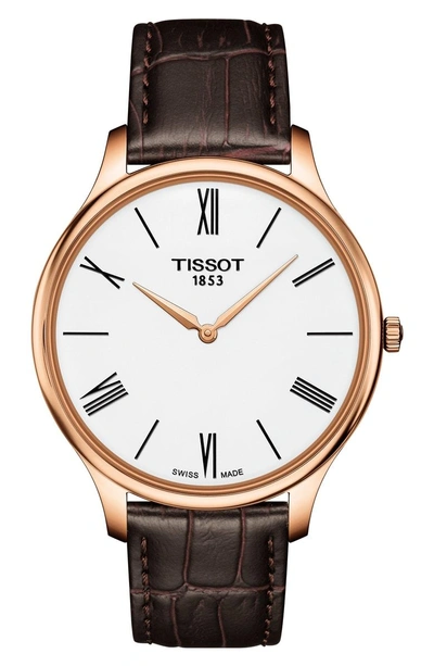 Shop Tissot Tradition 5.5 Round Leather Strap Watch, 39mm In Brown/ White/ Rose Gold