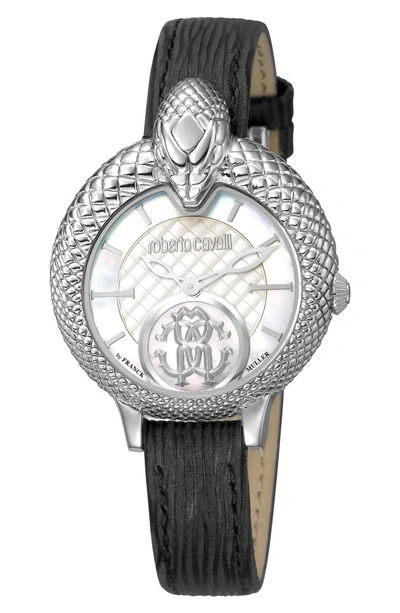 Shop Roberto Cavalli By Franck Muller Scale Leather Strap Watch In Black/ Silver