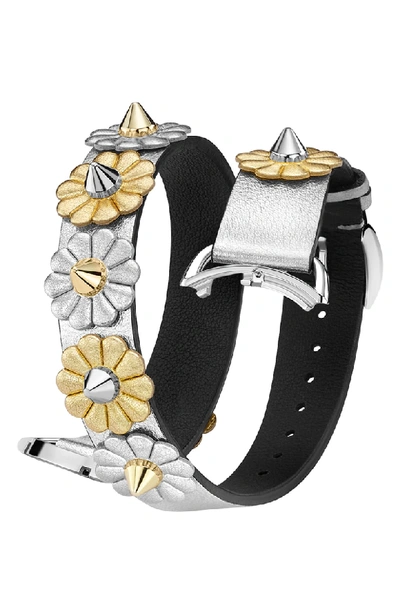 Shop Fendi Selleria 17mm Embellished Leather Watch Strap In Silver/ Gold