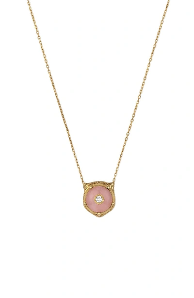 Shop Gucci Le Marche Des Merveilles Feline Head Pendant Necklace In Yellow Gold/ Pink Opal