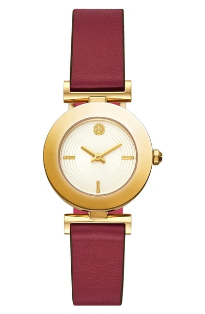 Shop Tory Burch Sawyer Reversible Leather Strap Watch, 29mm In Pink/ Red/ Gold