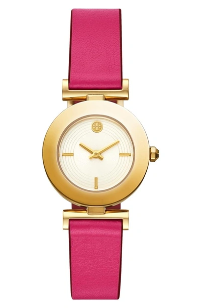 Shop Tory Burch Sawyer Reversible Leather Strap Watch, 29mm In Pink/ Red/ Gold