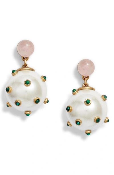 Shop Tory Burch Stone Studded Drop Earrings In Brass/ Malachite/ Pink/ Pearl