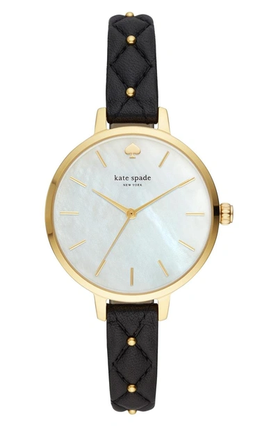 Shop Kate Spade Metro Leather Strap Watch, 34mm In Black/ Mop/ Gold