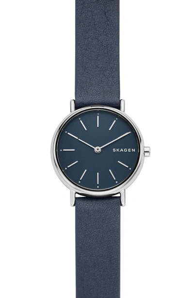 Shop Skagen Signature Slim Leather Strap Watch, 30mm In Blue/ Silver