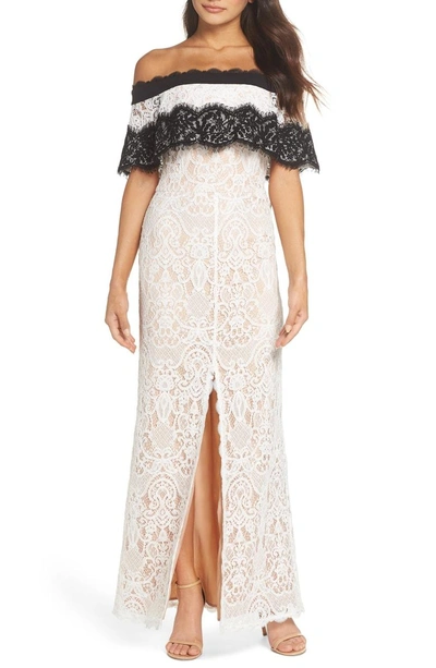 Shop Harlyn Off The Shoulder Lace Gown In Off White/ Black