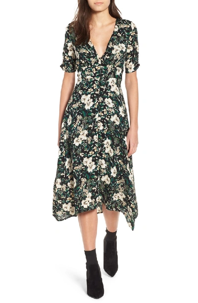 Shop Astr Button Front Midi Dress In Green Ivory Floral