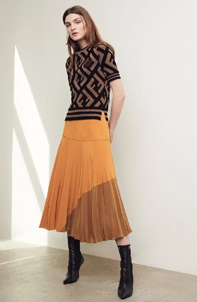 Shop Fendi Pleated Silk Crêpe De Chine Skirt In Gold