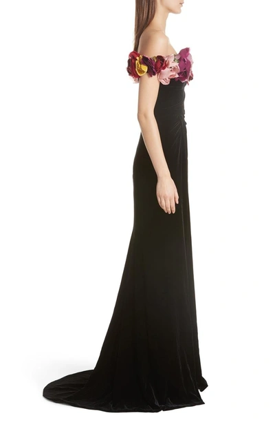 Shop Marchesa Floral Off The Shoulder Velvet Gown In Black