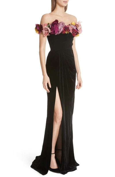 Shop Marchesa Floral Off The Shoulder Velvet Gown In Black
