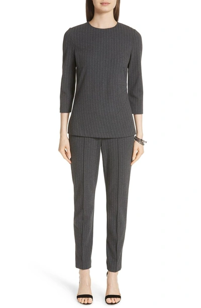 Shop St John Pinstripe Double Face Jersey Top In Charcoal/ Light Grey Melange