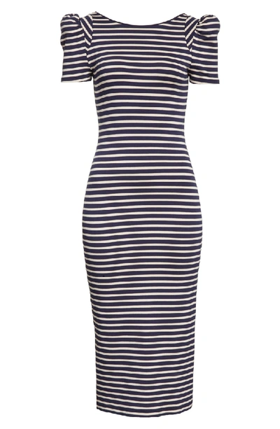 Shop Smythe Puff Sleeve Body-con Midi Dress In Navy Breton Stripe
