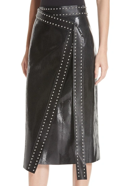 Shop Alexander Mcqueen Snake Embossed Leather Wrap Skirt In Black/ Silver