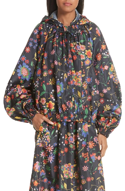 Shop Tibi Print Tech Floral Detachable Hood Water Repellent Jacket In Navy Multi