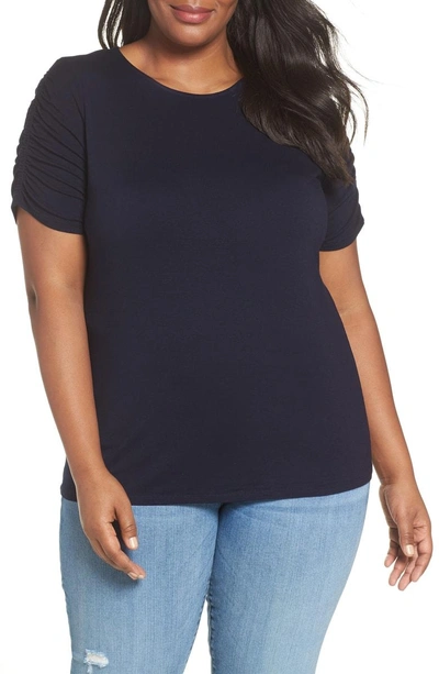 Shop Vince Camuto Ruched Sleeve Knit Top In Classic Navy