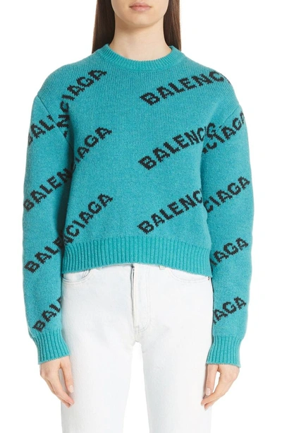 Shop Balenciaga Wool Blend Logo Jacquard Sweater In Turquoise/ Black