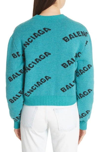 Shop Balenciaga Wool Blend Logo Jacquard Sweater In Turquoise/ Black