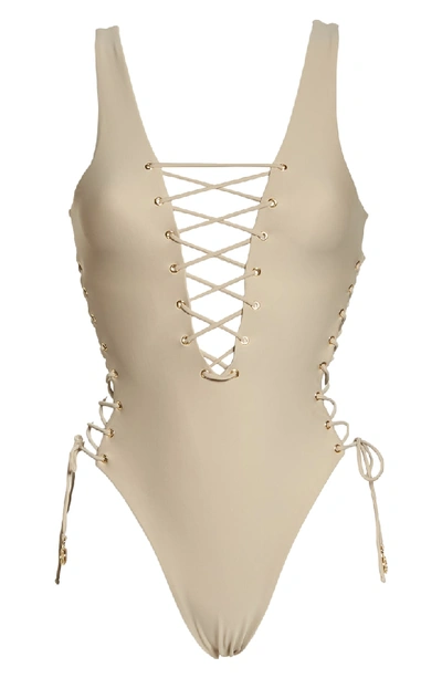 Shop Luli Fama Interlaced One-piece Swimsuit In Cemento