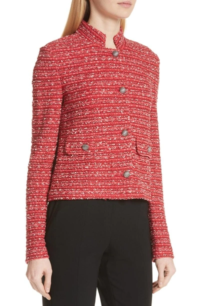 Shop St John Inlay Stripe Boucle Knit Jacket In Lingonberry Multi
