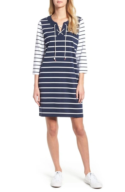 Shop Tommy Bahama Floricita Lace-up Stripe Shift Dress In Ocean Deep