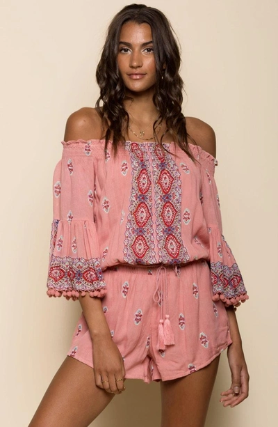 Shop Raga Endless Love Off The Shoulder Romper In Cloud Pink